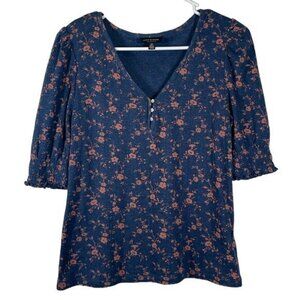 Women's Lucky Brand Navy Blue Orange Floral V-Neck Blouse Top Size Small EUC